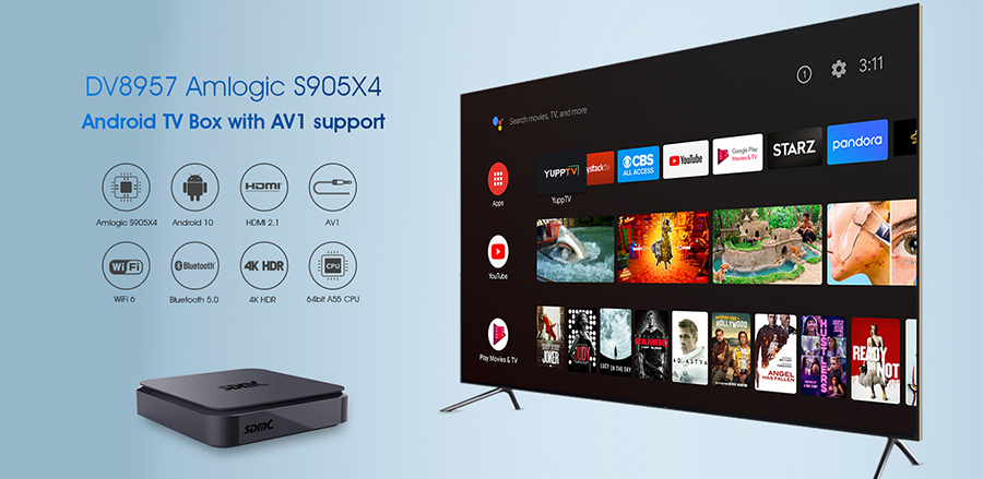 DV8957 AMlogic S905x4 Android TV OTT Box with AV1 WiFi 6 Support
